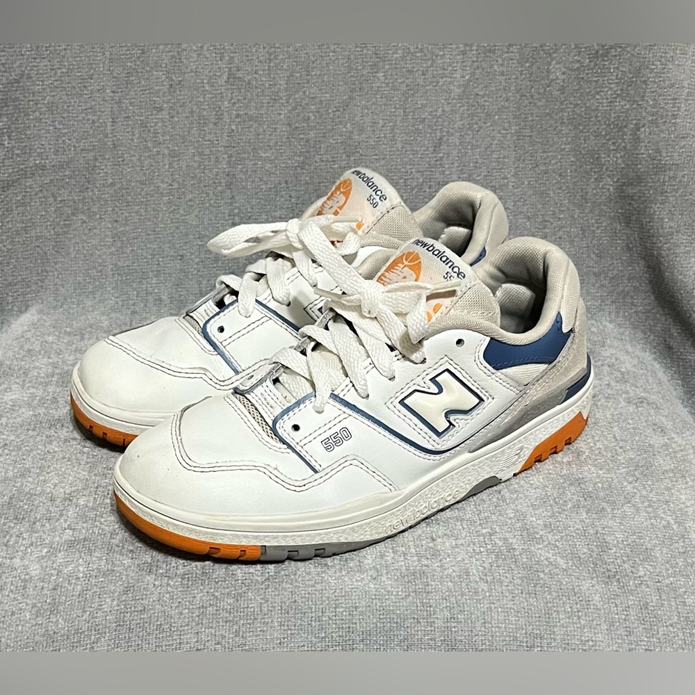 New Balance 550 White and Navy Sneakers with Orange Accents Kids Size 3